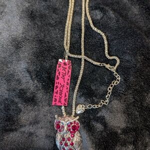 Betsey Johnson Silver and Red Owl Necklace